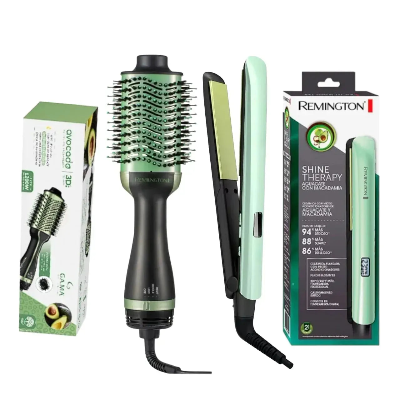 Combo Remington Plancha + Cepillo Secador con Aguacate – Protección y Estilo en Uno