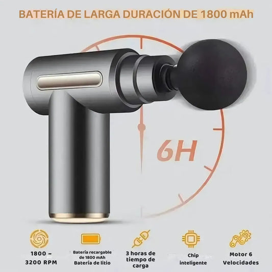 Pistola de Masaje Muscular Portátil – 6 Niveles y 4 Cabezales