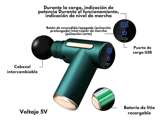Pistola de Masaje Muscular Portátil – 6 Niveles y 4 Cabezales